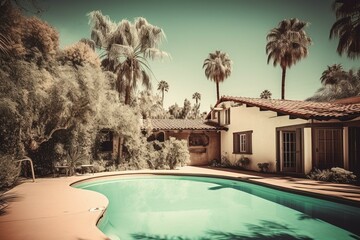 Image of a retro house, sunny pool day with numerous palm trees, vintage coloring tone. Generative AI