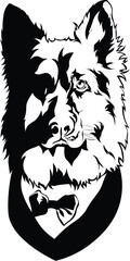 Cartoon Black and White Isolated Illustration Vector Of A Pet German Shepherd Puppy Dogs Face and Head