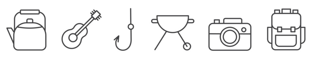 set of line camping and travel icons with editable stroke