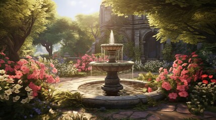 A tranquil, sunlit garden with a weathered stone fountain at its center, surrounded by blooming flowers and lush greenery. - obrazy, fototapety, plakaty
