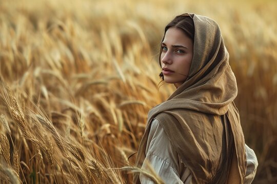 Ruth gathers ears of corn in the field of Boaz, a biblical story.