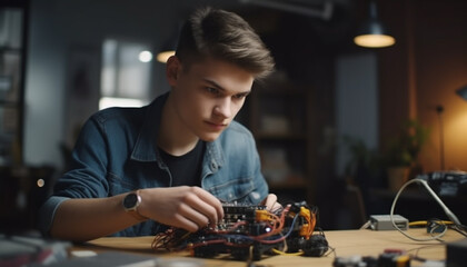 A young man, expert in technology, soldering indoors with concentration generated by AI