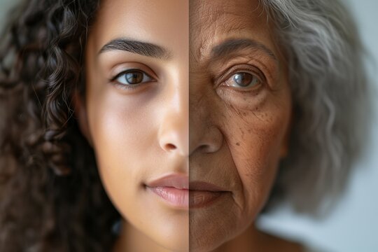A woman face divided into two halves - young and old. 