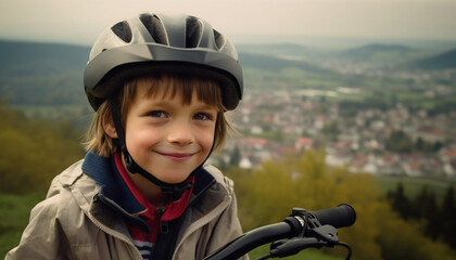 Smiling child cycling outdoors, enjoying adventure and cheerful childhood sport generated by AI