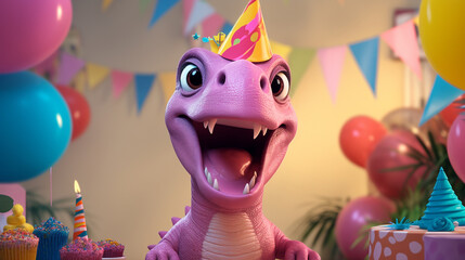 Adorable Dinosaur with party cap, HD capture in pink, yellow, teal, festive balloons.