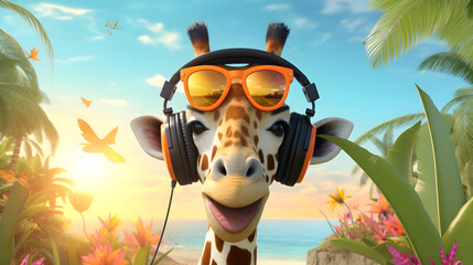 cartoon giraffe in headphone on the tropical background