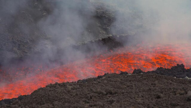 Etna Eruption in Sicily. Lava flow 