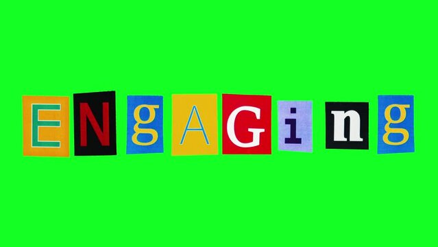 Word engaging filmed in funny animation with moving colorful letters on green screen background. Loop template footage of title meaning captivating and lovely which can be used for producing logo