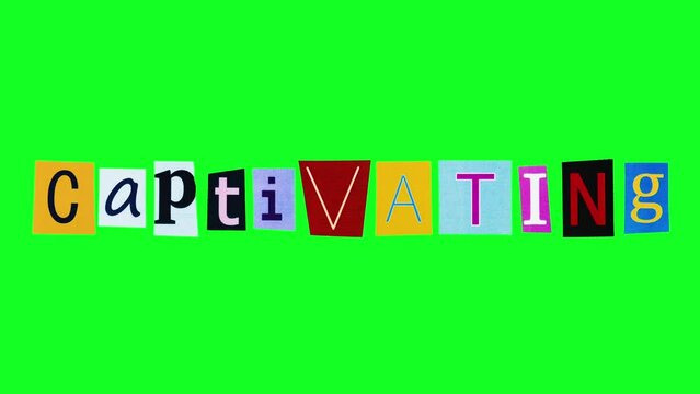 Captivating word in stop motion animation on alpha channel background. Loop footage of adjective meaning attractive made from funny crumpling rectangle letters on green screen. Template for logo