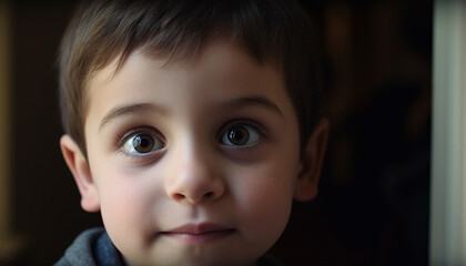 Cute child portrait, one boy, Caucasian, close up, innocence, smiling generated by AI
