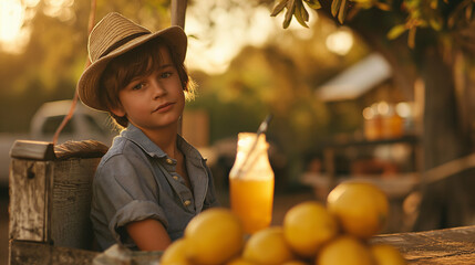 kid in cowboy hat with lemonade