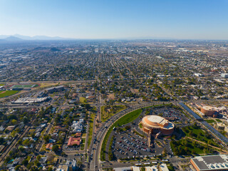 Arizona State University ASU including Gammage Auditorium in main campus aerial view in city of...