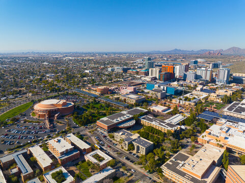 Tempe city downtown and Arizona State University ASU including Gammage Auditorium in main campus aerial view in city of Tempe, Arizona AZ, USA. 