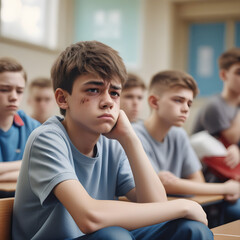 Upset boy, teenager, sitting at school after being bullied by classmates. School bullying.