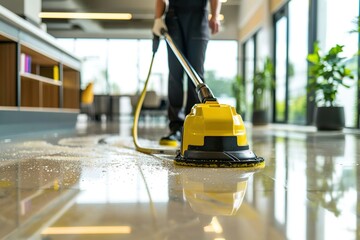 Worker washing office floor with cleaning machine.