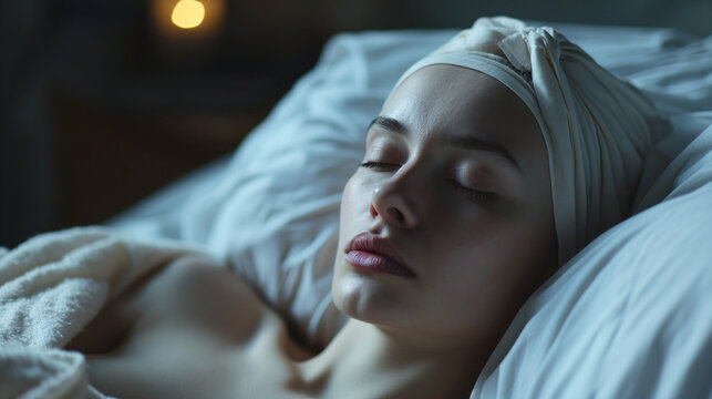portrait of a woman sleeping with white hade brand 