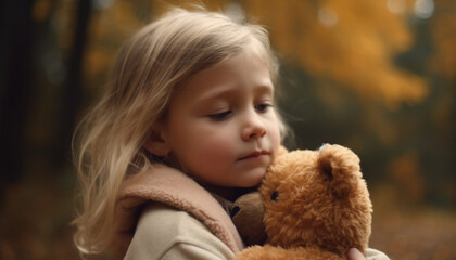 Cute child embraces teddy bear, playing outdoors in autumn forest generated by AI