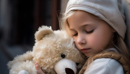 A cute child embraces a teddy bear, smiling with joy generated by AI