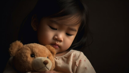 Cute child with teddy bear, portrait of innocence and happiness generated by AI