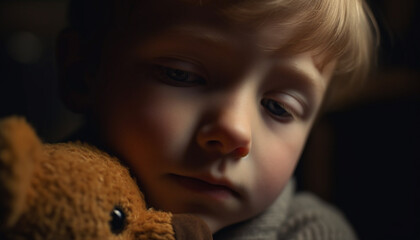 Cute Caucasian child with teddy bear, innocence and happiness generated by AI