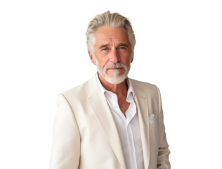 portrait of stylish old man in white suit