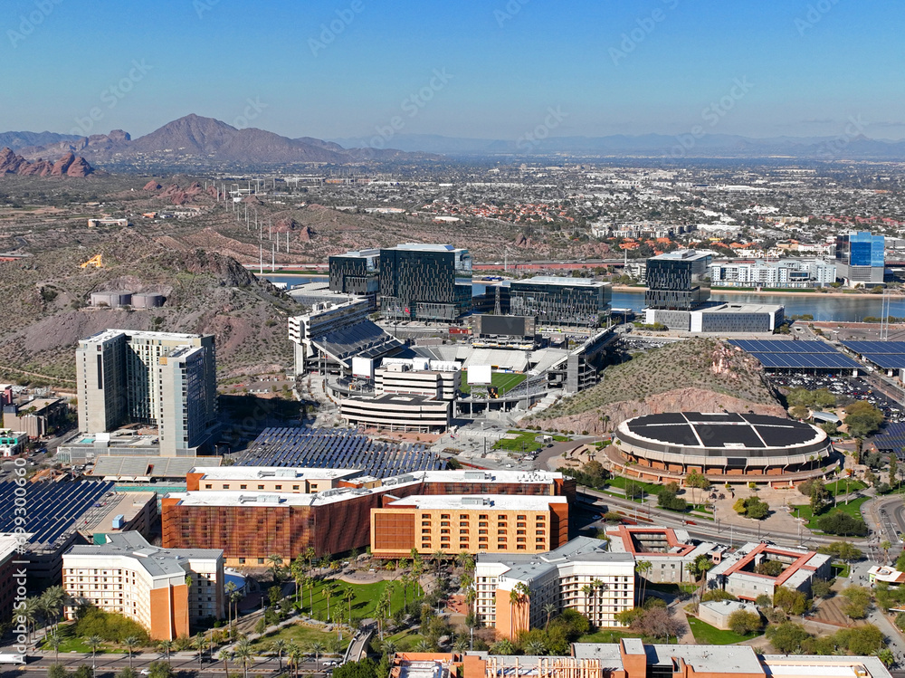 Canvas Prints Arizona State University ASU including Mountain America Stadium and Desert Financial Arena in main campus aerial view in city of Tempe, Arizona AZ, USA. 