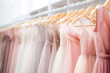 Many elegant pastel color formal dresses for sale in luxury modern shop boutique. Prom gown, wedding, evening, bridesmaid dresses dress details. Dress rental for various occasions and events - obrazy, fototapety, plakaty