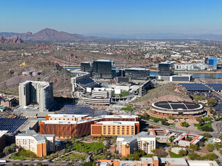 Arizona State University ASU including Mountain America Stadium and Desert Financial Arena in main campus aerial view in city of Tempe, Arizona AZ, USA. 