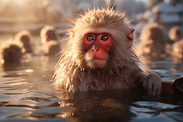 young japanese macaques sit in a hot spring in winter