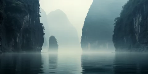 Papier Peint photo Guilin tropical coast with rocky cliffs in morning fog
