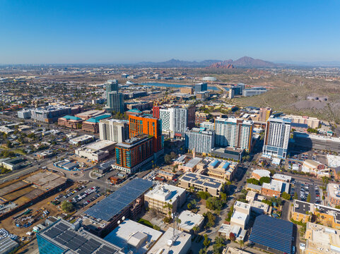 Tempe city downtown and Arizona State University ASU main campus aerial view in city of Tempe, Arizona AZ, USA. 