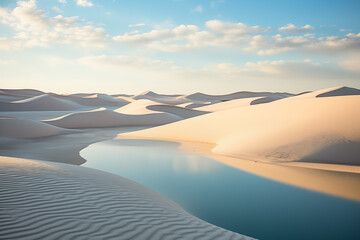 Fototapeta na wymiar lake with clear water between dunes in the desert after rain