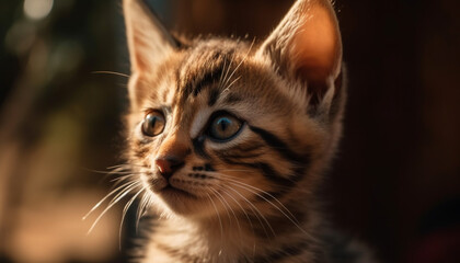 Cute kitten staring, playful and curious, fluffy fur, softness in nature generated by AI
