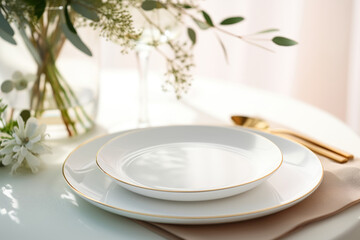 Modern minimal table place setting neutral color. Dishes and utensils for serving and eating meals. Generative AI