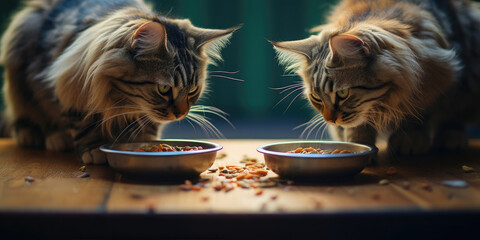 A pair of cute, long-haired cats with bowls of healthy food. - obrazy, fototapety, plakaty