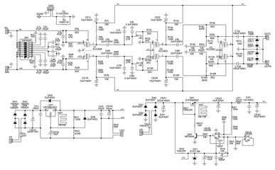 Schematic diagram of electronic device.
Vector drawing electrical circuit with capacitor, diode,
transistor, resistor, coil, operational amplifier
and other electronic components.