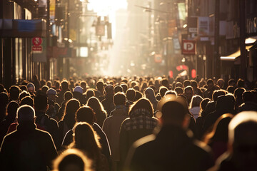 Obraz premium A very busy street with people at sunset. Oncoming sun.