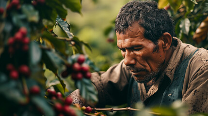 Harvesting: A Brazilian Coffee Farmer at Work - obrazy, fototapety, plakaty