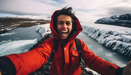 25 year old Latin man taking a selfie on a glacier