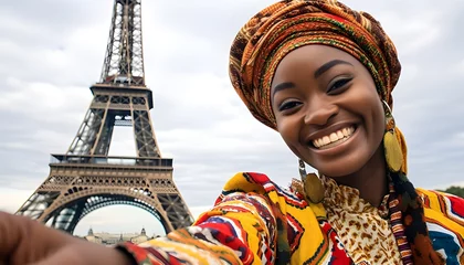Zelfklevend Fotobehang 20 year old african woman taking a selfie at the eiffel tower © Alejandro Morón