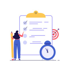 Concept of task done, checklist, to-do list, notification. Woman marking completed task on checklist. Successful time management. Vector illustration for mobile app, onboarding screen