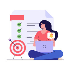 Concept of task done, checklist, to-do list, notification. Woman marking completed task on checklist. Successful time management. Vector illustration for mobile app, onboarding screen