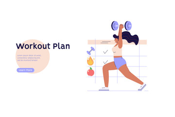 Fitness plan illustration. Woman planning exercises with calendar and dumbbells. Exercise plan, personal training, balance diet. People control weight. Vector flat cartoon design for web banners, UI