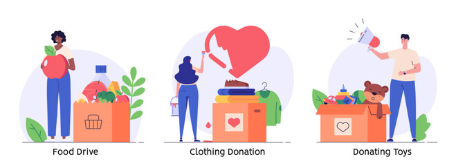 Volunteer group collecting donations. Charity organization donating clothes, food and toys for poor people. Concept of clothing donations, volunteer help, donate food, toys. Vector flat illustration - obrazy, fototapety, plakaty