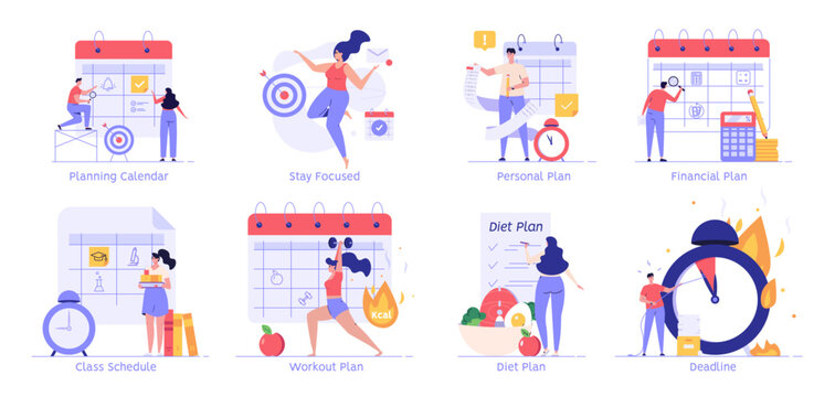 Planning calendar, personal plan and class schedule set. People exercise with workout plan and control weight. Diet plan concept. Deadline and time management. Vector illustration set in flat design