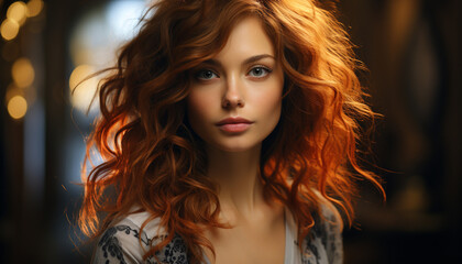 Fototapeta premium Beautiful woman with long curly hair looking confidently at camera generated by AI