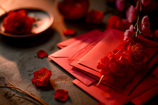 Traditional Chinese festive red envelopes for goof fortune, wealth and happiness, selective focus image. Chinese New Year gift concept. Red envelopes close-up among sakura flowers, defocused