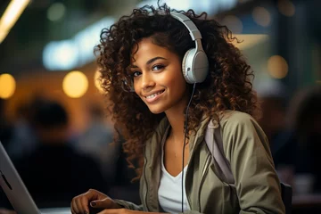 Poster Smiling ethnic woman listening to music on street © Stocknterias