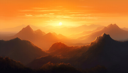 Naklejka premium Majestic mountain peak, sunset sky, tranquil forest, nature breathtaking beauty generated by AI