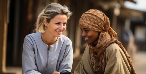 Volunteer psychologist in a blue shirt smiles and communicates with a local African woman in a hijab, Concept: sharing cultural experiences in a humanitarian mission
